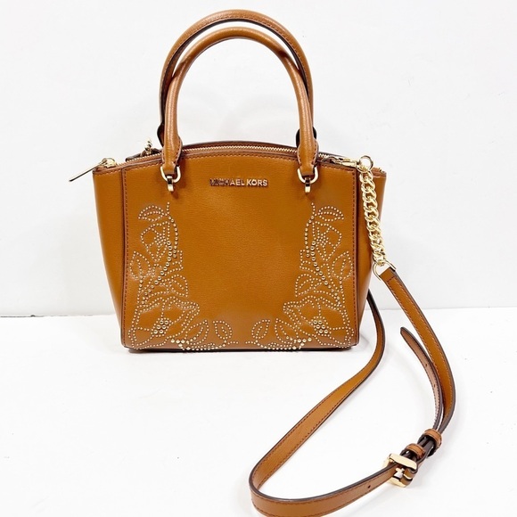 Michael kors Brown Tan Embellished Stud Ellis convertible satchel Crossbody - Picture 1 of 10